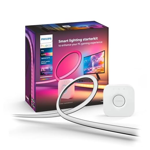 Philips Hue White and Color, Kit démarrage Lightstrip Hue Play gradient PC, écran 24-27 pouces + Pont, synchronisation de la lumière avec le jeu, compatible Alexa, Google et Apple Homekit