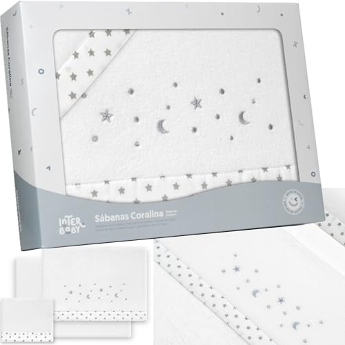 mibebestore Sabanas de Invierno CORALINA Extrasuave Cuna 60X120, Unisex - (Bajera+encimera+Funda Almohada) - Color: Blanco/Gris - Secado rápido