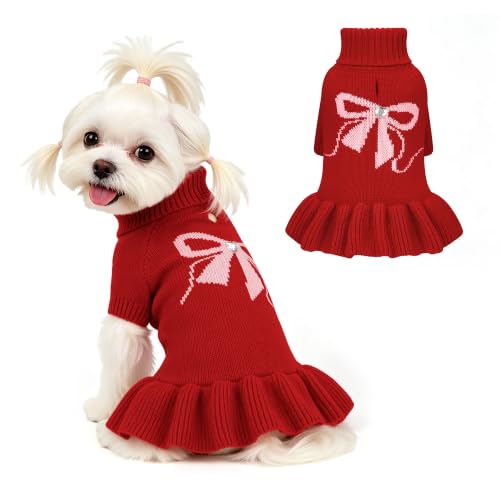 Image of YUDODO Bowknot Dog Sweater Dress for Small Dogs Girl, Stretchy Pet Clothes