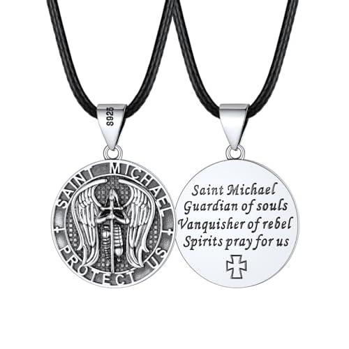 FaithHeart Saint Michael Necklace, Stainless Steel/18K Gold Plated St Michael the Archangel Pendant Amulet for Men Women with Gift Packaging 02. Round Style 2-Silver-Leather Sterling Silver