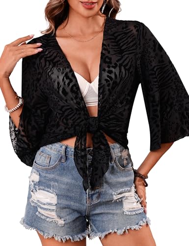 Image of Totatuit Women's Short Cardigan Bolero Sheer Shrug Tie Open Front Bell Sleeve Summer Cropped Bolero Cardigan
