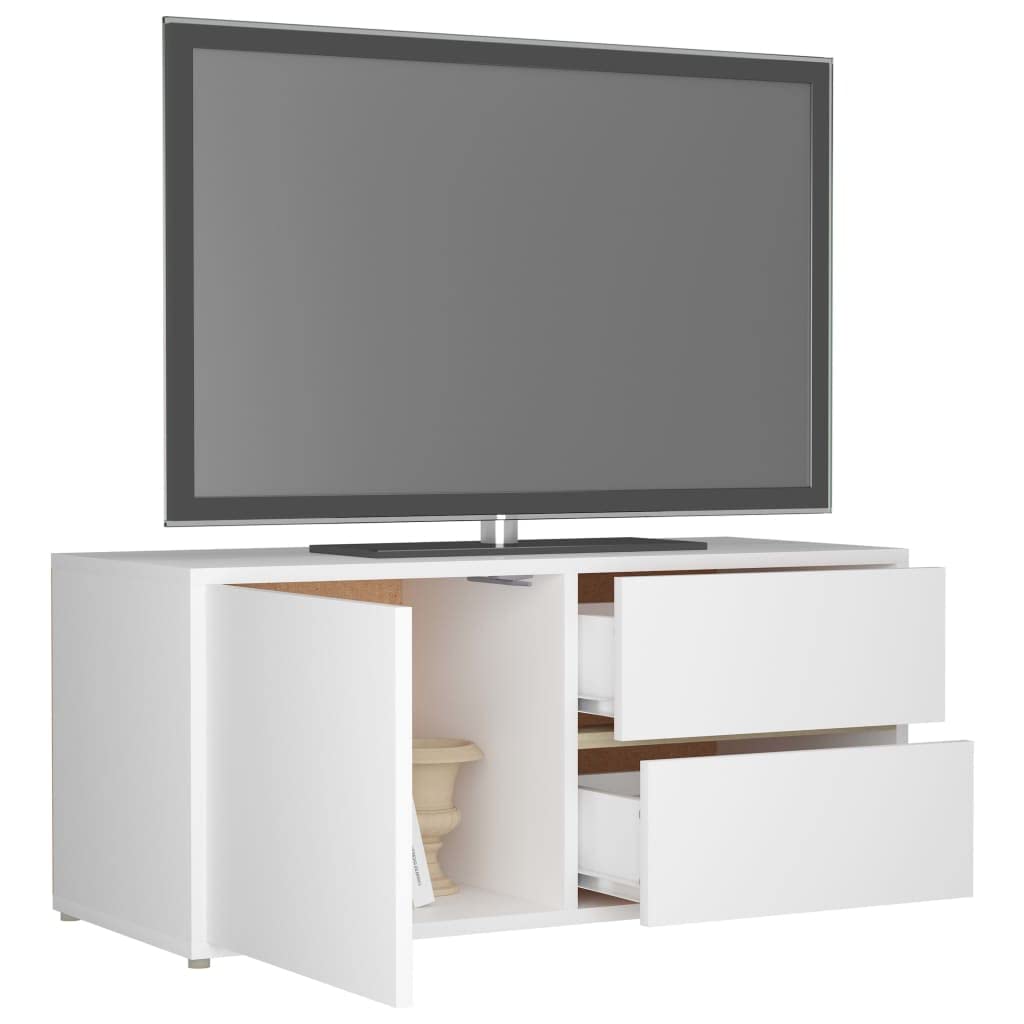 TV-Unterbau TV-Schrank Weiß 80x34x36 cm mit 2 Schubladen und 1 Fach mit Tür aus Holzwerkstoff, robuster TV-Seitentisch für Aufbewahrung von Zeitschriften und DVDs, einfach