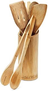 Relaxdays 7 Piece Bamboo Kitchen Utensils Set, Pieces about 30 cm Long, Includes Spatula, Spoon, Fork, Salad Tongs, Holder, Natural Brown