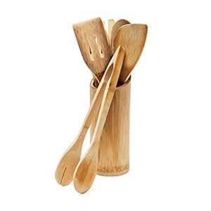 Relaxdays Keukenhulpset, bamboe, 7-delig, 30 cm lang, als kooklepel, set van houten lepels, spatel (elk 2) en saletang…