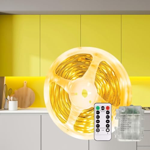 Gaoxun Bande LED à piles, 3 m, 180 LED blanc chaud 3000 K, fonctionne avec télécommande, bande LED autocollante, 8 modes, minuterie, découpable, étanche...