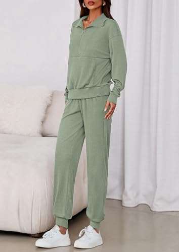 Image of PRETTYGARDEN Women 2 Piece Ribbed Knit Matching Lounge Sets | Comfy Sweat Track Suits, Athleisure Casual Outfit, Half Zip Sweatshirt & Jogger Pants, Fall Winter Clothes for Airport Travel