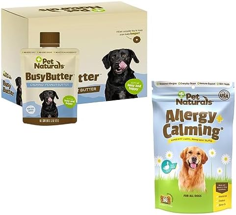 Pet Naturals BusyButter Easy Squeeze Calming Peanut Butter for Dogs, 6 Pouches & Allergy Plus Calming Supplement for Dogs, 60 Chews image 5