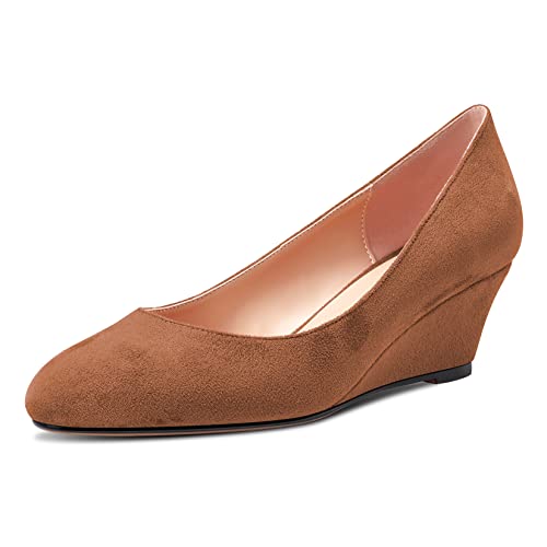 MAGIOPY Bloc Chunky Bas Talon Heel Rond Bout Escarpins Slip-on Bureau Chaussures Classique Compensé 5 CM Heels Marron Suède 38 EU Cover