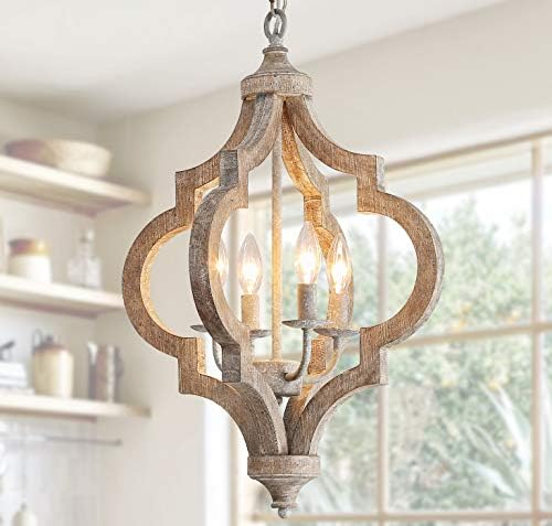 PHILOMENA 4-Light Wood Farmhouse Chandelier Ceiling Light, Handmade Wooden Rustic Antique Vintage Dining Room Light Fixture French Country Hanging Lamp Pendant Light for Entryway Bedroom Kitchen Foyer