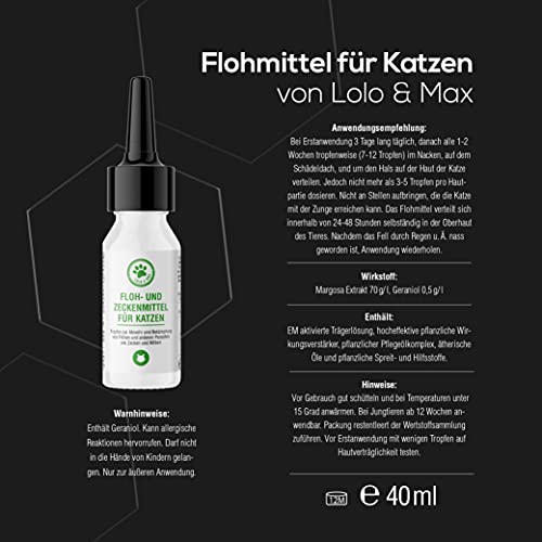 Lolo & Max - Floh- und Zeckenmittel für Katzen 100% Natürlicher Spot On - Bis zu 8 Monate Abwehr & Bekämpfung von Flöhen & Parasiten (Zecken,Milben,Läuse,Haarlinge,Wanzen) - Mittel gegen Flöhe - 40ml