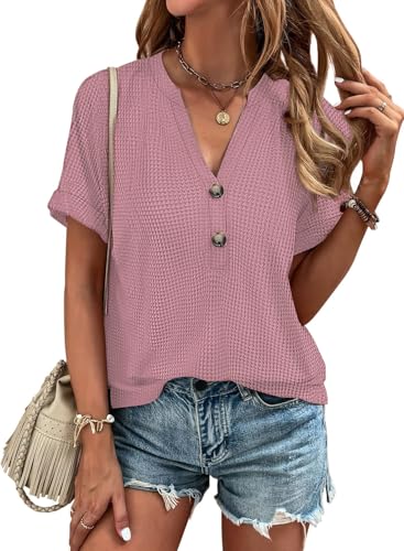 Tanmolo T-Shirt Damen Sommer Oberteile Elegant Kurzarm V Ausschnitt mit Knopfleiste Bluse Locker Top 2026 Rosa M