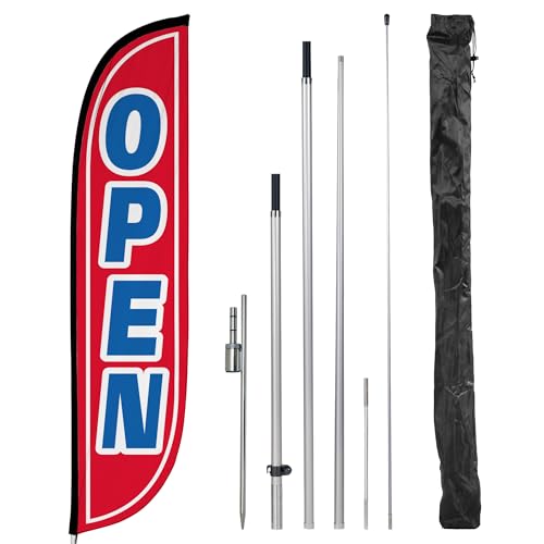 Image of LookOurWay Feather Flag Pole Kit - 12 Feet Tall Advertising Flag Banner with Fiberglass Pole Kit and Ground Spike for Business Promotion - Grand Opening Flags - Open Red & Blue (10M1200106)