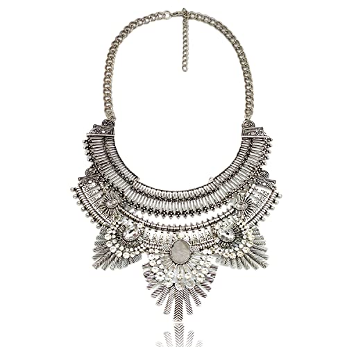 NABROJ Silver Chunky Necklace for Women Bohemian Bib Costume Choker with Clear Big Gems Rhinestone Tribe Collar Festival Jewelry Drag Queen Accessories-HL35 Silver