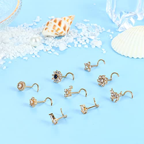 Ubjuliwa 9Pcs 20G Stainless Steel Nose Rings and Studs - L Shape Bone Screw for Women Men - Cubic Zirconia Moon Star Flower Butterfly Piercing Jewelry2