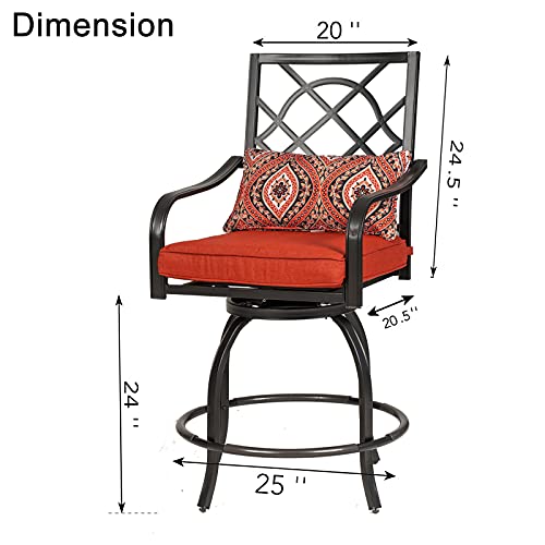 Omelaza 2 Pieces Patio Swivel Bar Stools, Outdoor Metal Bar Height Bistro Chairs with Seat Cushion & Armrest for Backyard, Patio, Lawn, Garden, Red