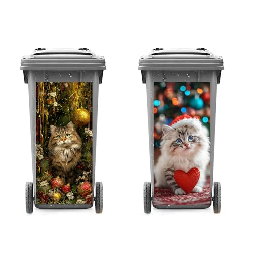 Image of 2 PC Trash Can Sticker 14.57 x 32.28 Inch Fluffy Kitten Christmas Vinyl Sticker with Santa Hat Red Heart Gold Ornament Pine Garland for Outdoor Garbage Bin Garden Yard Decor