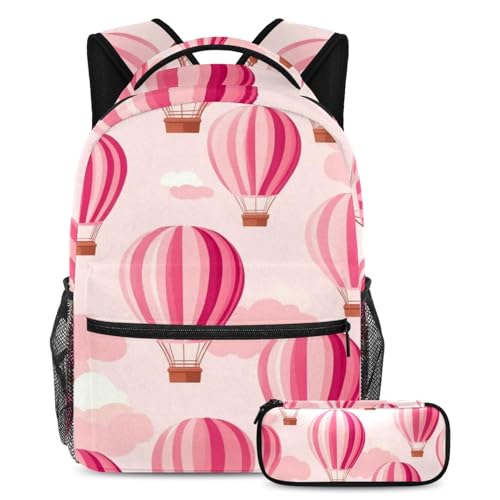 Sac à dos montgolfière rose avec trousse assortie pour écoliers