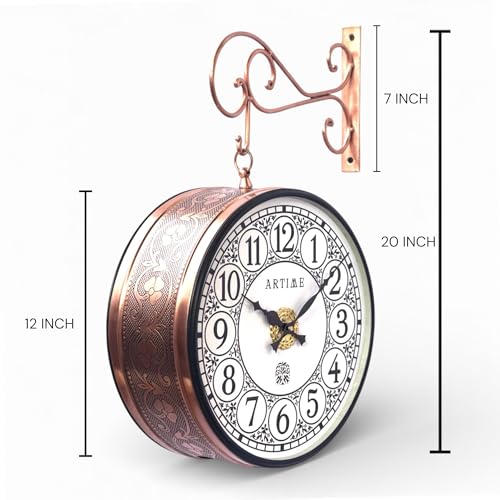 Image of Handcrafted Double Side Metal Analog Vintage Wall Clock | 1.5 Year Machine Warranty | 12 INCHES | 1 Side Number 1 Side Roman,Color Copper Finish