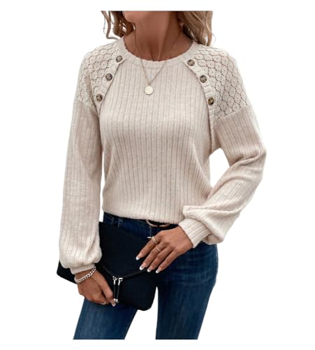 Women's Casual Crew Neck Lace Stitching Solid Color Knit Sweater Blouse Loose Fashion Fall Winter Pullover Jumper Top