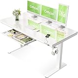 plateau bureau verre trempé sérigraphié  OffiGo Bureau Assis Debout Électrique, 140x60cm Plateau en Verre, Réglable en Hauteur, Tiroir Intégré, Ports de Charge USB et Type-C, Idéal pour Bureau à Domicile ou Büro, Blanc
