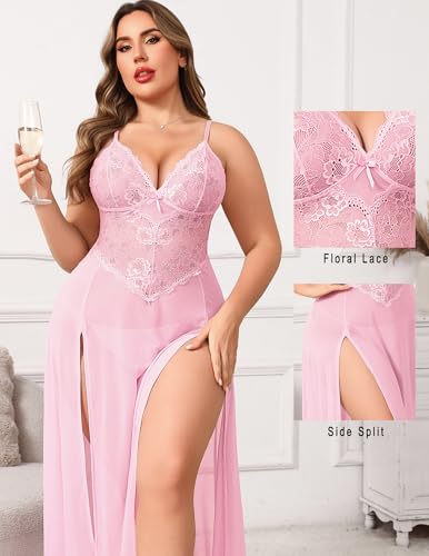 Image of Avidlove Plus Size Lingerie for Curvy Women Long Lace Babydoll Nightdress | V neck sheer mesh nightgown,g-string included,high side slits,adjustable straps,curve-flattering fit,maternity photoshoot