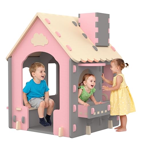 Kids Playhouse Kitchen Theme Indoor Outdoor EVA Play House for Toddlers Soft Foam Playhouse for Kids Outdoor & Indoor Pretend Play Easy Assembly Play House Outside (Pink Gray Beige Style 2)