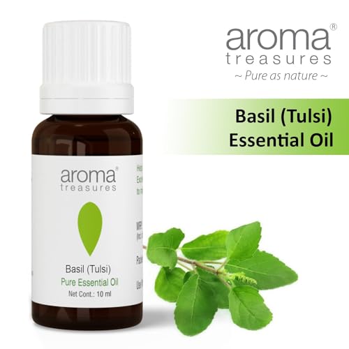 Image of Aroma Treasures Basil Tulsi Essential Oil | 100% Pure & Natural Theraputic Essential oil for healthy Skin, body, Aromatherapy - 10ml