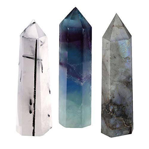 CrystalTears Set of 3 Natural Quartz Rutilated Labradorite Fluorite Crystal Self Standing Healing Crystal Point Faceted Prism Wand Reiki Balancing