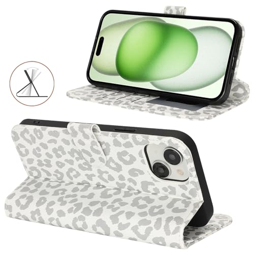 Image of for iPhone 15 Plus Case Wallet with Card Holder,for iPhone 14 Plus Wallet Case for Women Men,PU Leather Shockproof Magnetic Buckle Stand Flip Phone Case-White Leopard