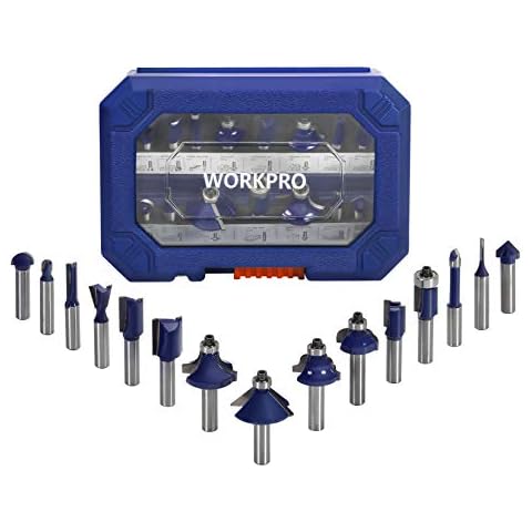 WORKPRO 15PC Juego de Brocas para Fresadora, Accesorios para Fresadora con Vástago de 8 mm, de Acero de Carburo con Caja Portátil, Brocas para esquinas y ranuras, Fresas para perforar madera Cover