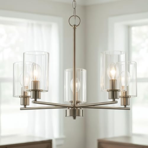 5-Light Brushed Nickel chandelier with clear glass shades image