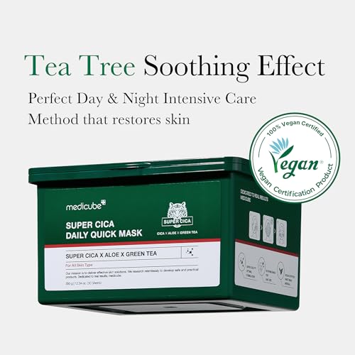 Medicube Super Cica Daily Quick Facial Masks (30 Sheets) - 60-Second Soothing & Hydrating Facial Mask with 88% Cica, Instant Cooling & Moisturization - 100% Vegan Certified, Korean Skincare