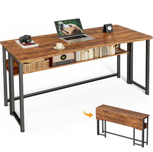 Huuger Folding Desk with Storage Shelf, 47.2 Inch Foldable Computer Table for Small Spaces, Space Saving Sofa Table for Couch, Writing Work Office Computer Desk, Easy to Fold, Rustic Brown