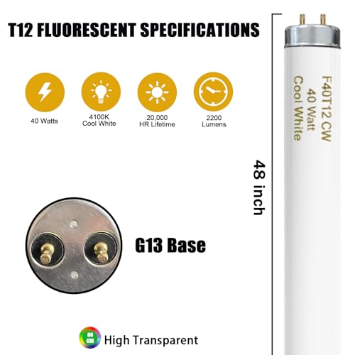 Konideke T12 48 Inches 40 Watt Fluorescent Tube, F40T12/841 Light Bulb, 4 Foot T12 Fluorescent Light Bulb, 4100K Cool White, F40T12/CW, 3250 Lumens, G13 Bi-Pin Base, 12 Pack