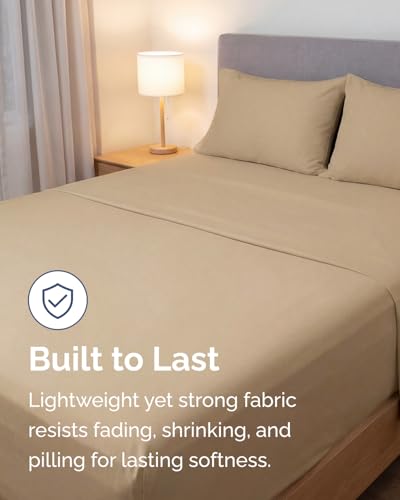 Image of Lightweight 4 Piece Bed Sheet Set Full Size - Cooling Sheets for Hot Sleepers - Soft Breathable Bedding Set w / 8-16 Inch Deep Pockets - 1 Flat & 1 Fitted & 2 Pillowcases - Wrinkle Resistant - Wheat
