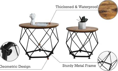 FEFE Round Coffee Table Set Of 2 Side Tables Wooden Surface With Robust Steel Frame For Living Room Decor Bedrooms Farmhouse Balconies - Rustic Brown And Black - Image 8