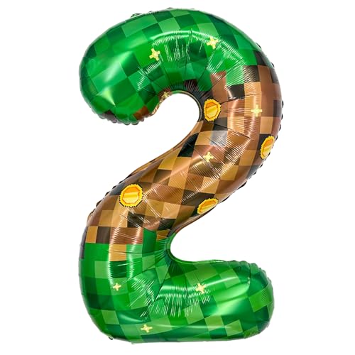 Zailo 40-inch giant brown and green aluminum foil balloon pixel miner gold coin theme 0-9 numbers optional thickened birthday party decoration supplies anniversary decoration balloon (Number 2)