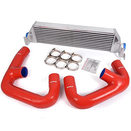 PIT66 Twin Turbo Aluminum Performance Intercooler + Red Intercooler Pipe Kit Upgrade Compatible with VW GTI FWD MK7 / Golf R 4-Motion MK7 2.0T 2015+