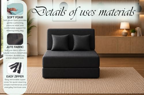 Image of Sofa Cum Bed with Jute Fabric, Convertible One Seater Sofa Bed 3x6 Ft, Comfortable Cushioned Seating, Space Saving Design for Living Room, Bedroom & Guest Room - Black Color