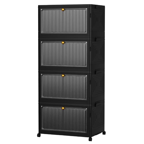 Image of 4 Tier Foldable Storage Box with Wheels, Stackable Plastic Storage Organizer with Lid & Front Door, Collapsible Storage Bins for Clothes, Toys, Office & Home Organization (Black 4 TIRE)