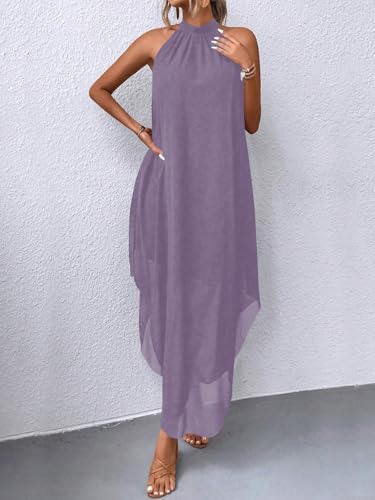 Image of Verdusa Women's Wedding Guest Dress Halter Flowy Chiffon Long Dresses | Cocktail Dress, Asymmetrical Dress for Women, Sleeveless, Prom Dress, Cruise Outfits, Boho