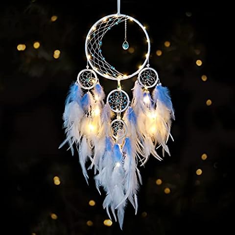 KHOYIME LED Light Up Dream Catcher Half Circle Moon Decor with Lights Handmade Feather Dreamcatchers for Bedroom Bohemian Home Decor Wedding Ornament Craft Gift for Girls Boys (Blue) Cover