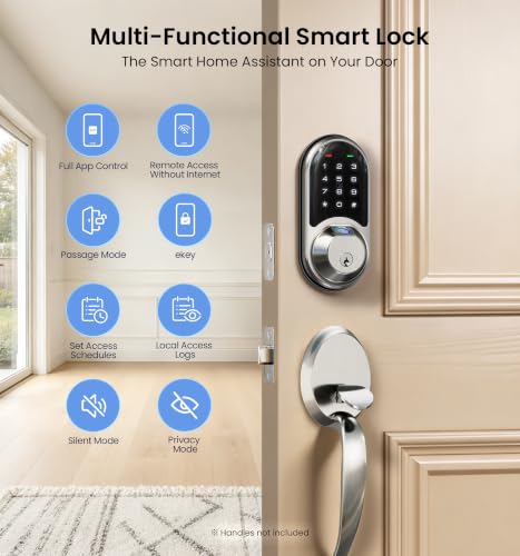 Image of Veise RZ07 Fingerprint Smart Door Lock Deadbolt, App Control, Satin Nickel | Remote Access Sharing, Fob Unlock, Keyless Entry for Front Door, Auto Lock, User Management, Easy Install, Low Battery Alarm