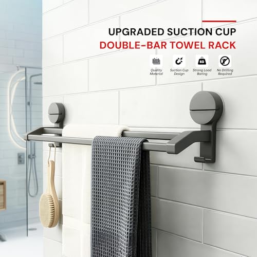 Image of Amazon Basics Suction Towel Holder for Bathroom - Rust - Free Powder Coated Wall Mounted Towel Rack No Drill Towel Rack Modern Bathroom Accessories Organizer Grey