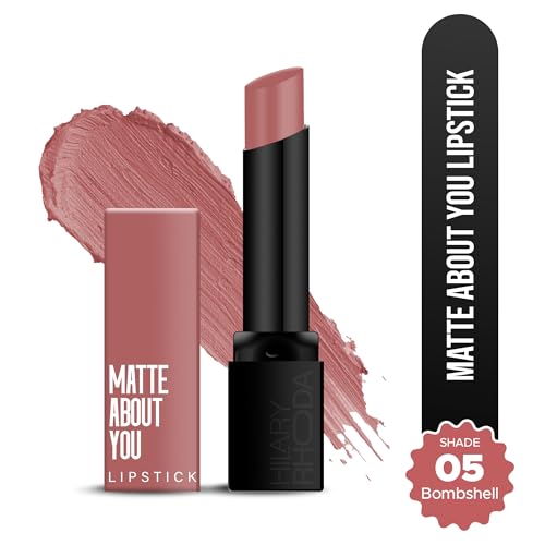 Hilary Rhoda Matte About You Lipstick | Long Lasting & Highly Pigmented Lipstick | Glides Smoothly | Matte Finish | One Stroke Application | Cruelty-Free & Vegan - 3g (Bombshell - Shade 05)