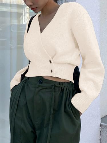 Image of WDIRARA Women's Wrap V Neck Sweater Button Front Long Sleeve Crop Knitted Top