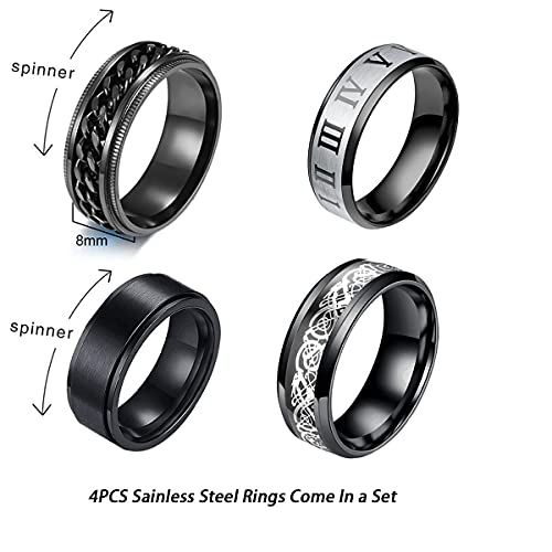 Yfstyle 4Pcs Stainless Steel Rings For Men Wedding Ring Cool Simple Band Rings For Men Black Plated Matte Finish Stackable Bands Rings Size 6-12-Black Set-8 #TOP1