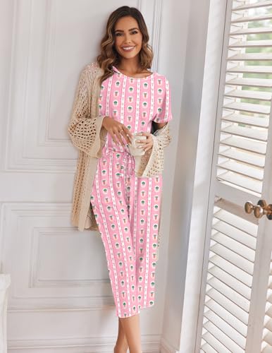 Image of Ekouaer 2 Pack Womens Pajamas Sets Short Sleeve Tops and Capri Pants Pjs Colorful Printed Sleepwear Sets