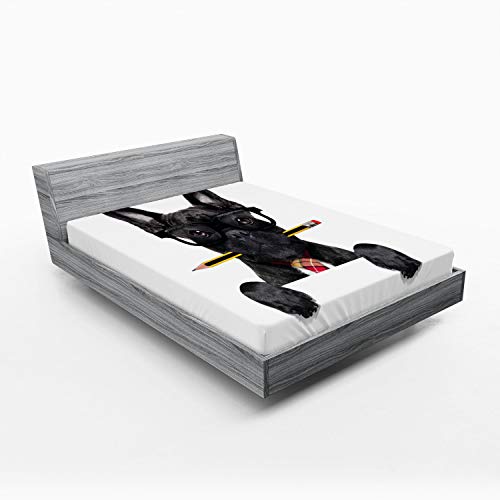 Ambesonne Bulldog Fitted Sheet Set, Businessman Black Dog with Glasses and Pencil in His Mouth Office Manager Boss, Decorative Bedding All-Round Elastic Pocket 2 Pcs, Full Size, Charcoal White