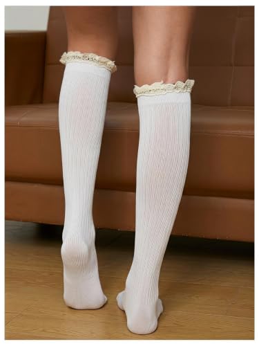 Image of COZYEASE Women's 1 Pair Lace Patchwork Knee High Socks Cute Y2k Stockings | Boots Socks, Knee High Socks, Long Socks for Boots, Lace Socks, Y2k, Trendy
